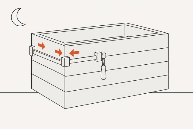 A bar clamp holding the closed corner with two arrows pressing the faces together, a crescent moon in the empty upper left