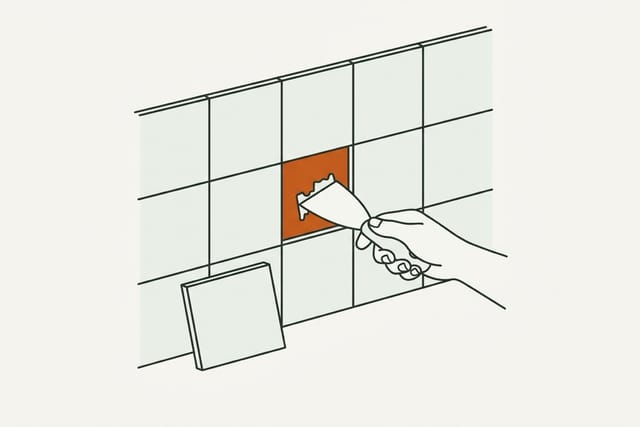 Una mano usando una espátula para raspar to scrape old dried mastic out of an empty square wall tile recess