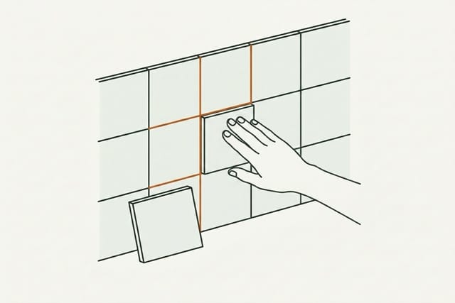 Una mano presionando the dry tile into the wall cavity to verify it aligns flush with surrounding tiles