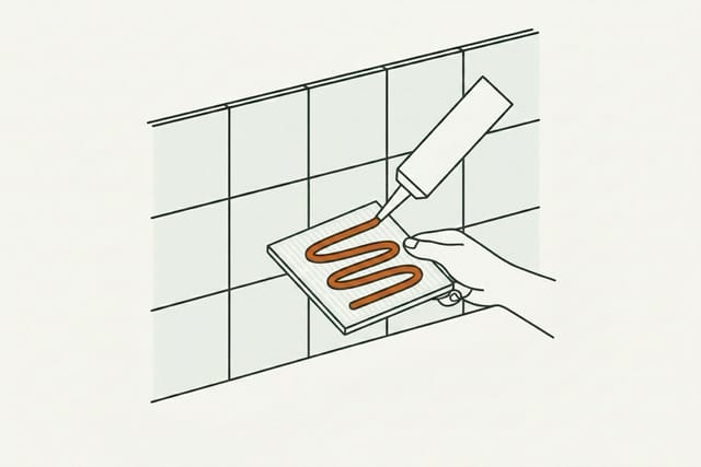 Una boquilla dispensando un cordón grueso en zigzag de adhesivo de montaje sobre el dorso del azulejo.