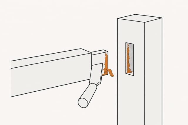 The rail pulled clear of the leg, a flat scraper lifting a crust of dried glue off the tenon