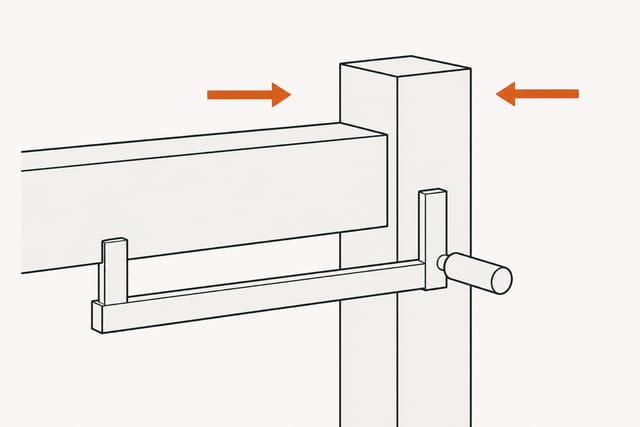 The joint closed tight with a bar clamp across it and two arrows pressing rail and leg together