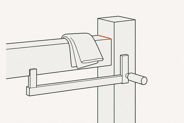 A folded rag at the shoulder of the still-clamped joint, taking off the bead of glue that squeezed out